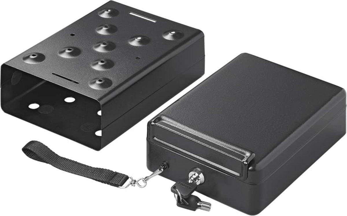 Proplus stålskab med rutsjebane - 22,5 x 16,5 x 8,5 cm - til bil, campingvogn, autocamper - pengeskab - campingvogn - sikker rejse - sikkerhed - værdigenstande - bærbar - tyverisikring - med skruer og propper - inklusive 2 nøgler - sort