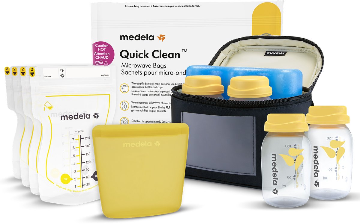 Medela alt-i-én modermælksopbevaringssæt med 150 ml flasker, modermælksopbevaringsposer med tud, genanvendelige opbevaringsposer, quick clean™ mikrobølgesteriliseringspose og kølepose med støbt køleelement.