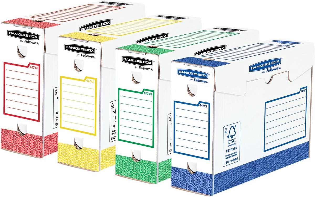Bankers box arkivæsker - 9,5 cm - assorteret - pakke med 8 stk