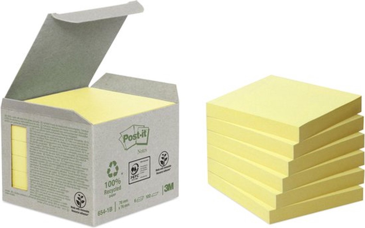 Post-it - genbrugssedler | 100 ark | fod 76 x 76 mm | gul | pakke med 6 blokke