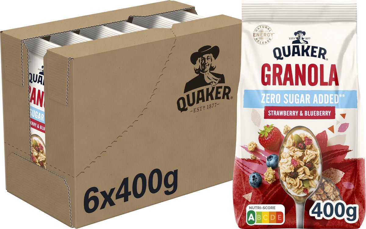 Quaker granola zero sukker tilsat jordbær blåbær - morgenmadsprodukter - 6 x 400 gram