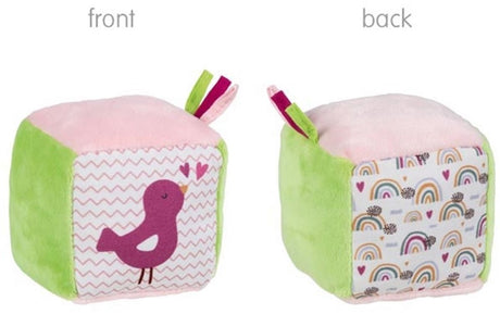 Goki soft cube babylegetøj med krøllet folie og klokkefugl.