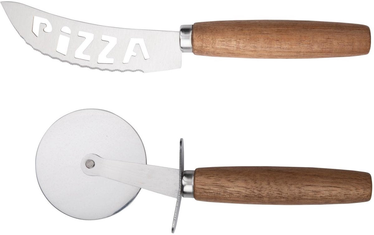 Alpina pizzaskærersæt 2-delt – pizzaskærer og pizzakniv – rustfrit stål med træhåndtag
