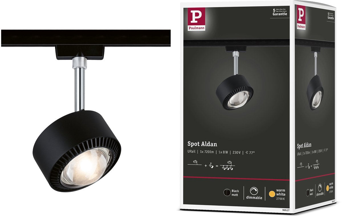 Paulmann urail rail spot aldan separat spot 498lm 8w 2700k dæmpbar 230v sort mat