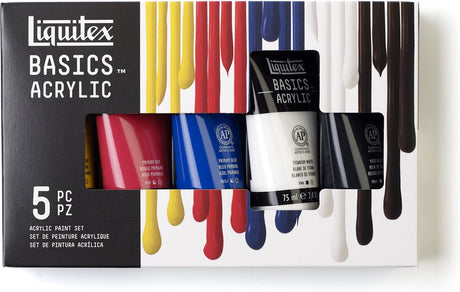 Liquitex 3699405 basics akrylfarvesæt – 5 x 75 ml tuber | kunstnere akrylmaling | medium viskositet | lysægte farver til malehobby