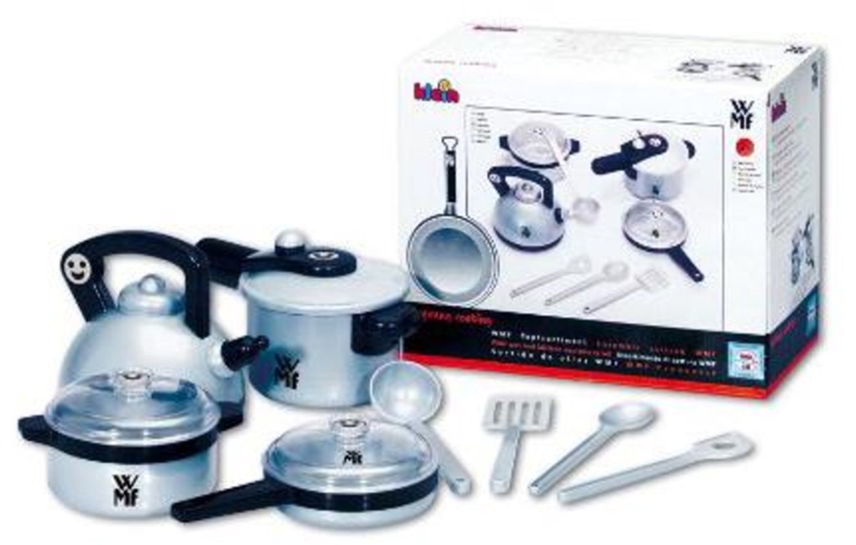 Klein toys wmf pandesæt - fløjtekedel, trykkoger, stegepande, stegepande med låg og højkvalitets legetøjskøkkengrej - grå sort