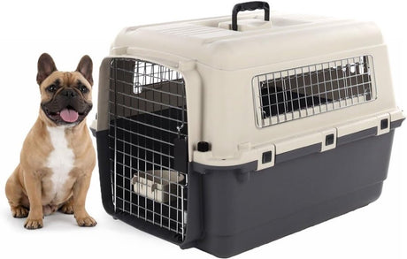 Flamingo reisbench hond – autobench – transportbox hond – fomad donkergrijs m (53x67x47 cm) – kunststof – met metalen deur veiligheidsslot – inclusief eet- en drinkpot –