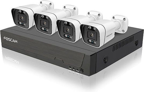 Foscam fn9108e-b4-2t poe sikkerhedssystem – 8-kanals 5mp nvr kit med 4 kuglekameraer – person- og køretøjsdetektion – nattesyn – h.264+ – plug play – 2tb hdd – sort