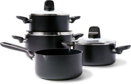 Greenpan Memphis kogepandesæt 7-delt - 16 18 20 24cm - 1,6 2,1 3,1 4,9l - pfas-fri non-stick belægning - induktionsgryde - keramisk pande - ovnsikker op til 160°c - kolde håndtag - med glaslåg - sort
