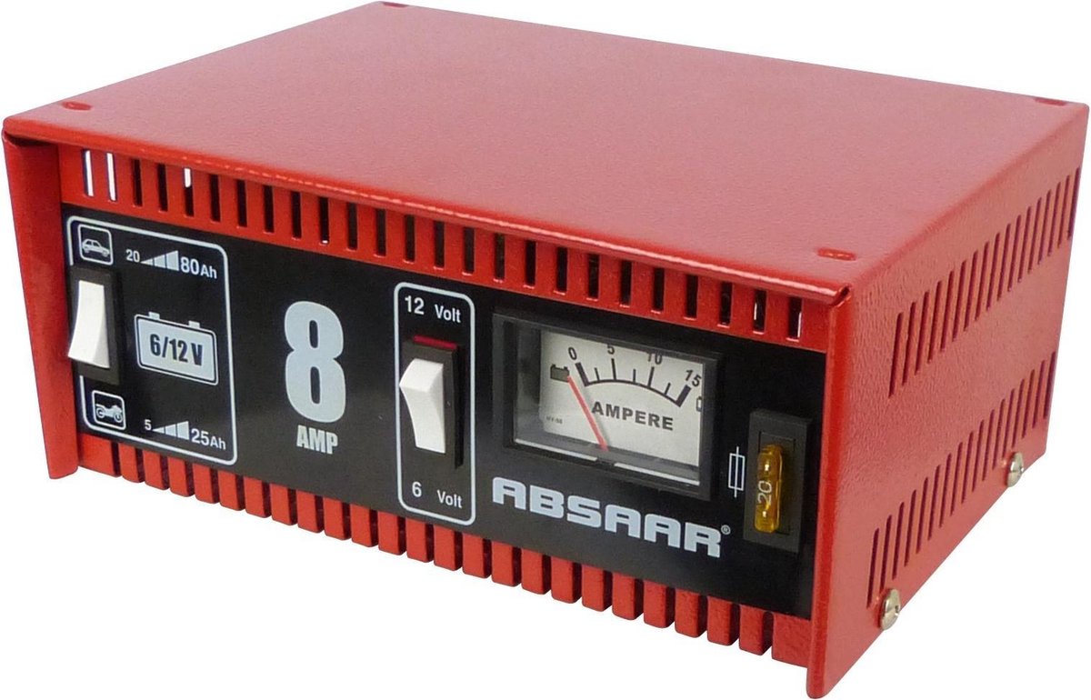 Absaar batterilader 6 12v 8a - til bil og motorcykel - metalhus