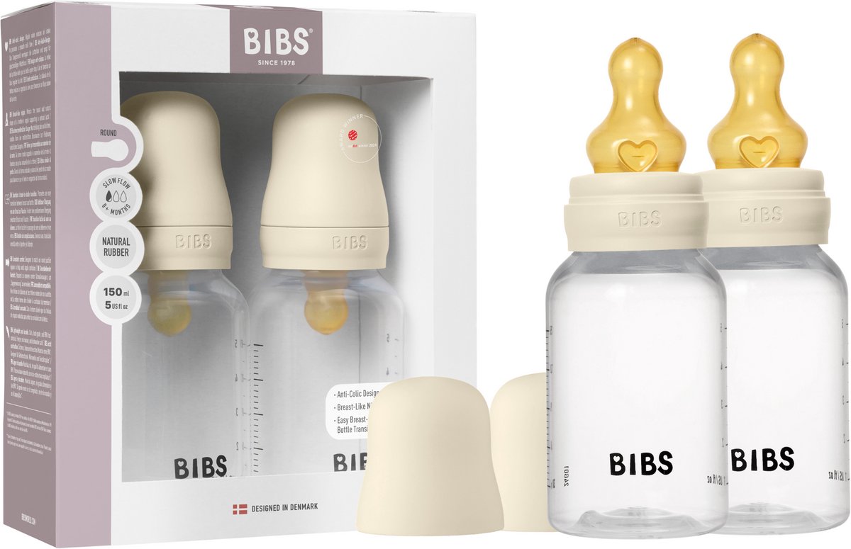 Bibs sutteflaske 150 ml naturlig latex gummi pattepakke 2 stk - anti-kolik, BPA fri, rund sutte, langsom flow, let vægt og nem at rengøre, velegnet til nyfødte babyer 0+ år - elfenben