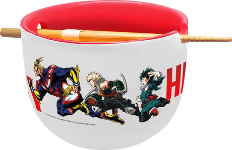 Stor my hero academia - deku, katsuki og alle kræfter ramenskål med spisepinde