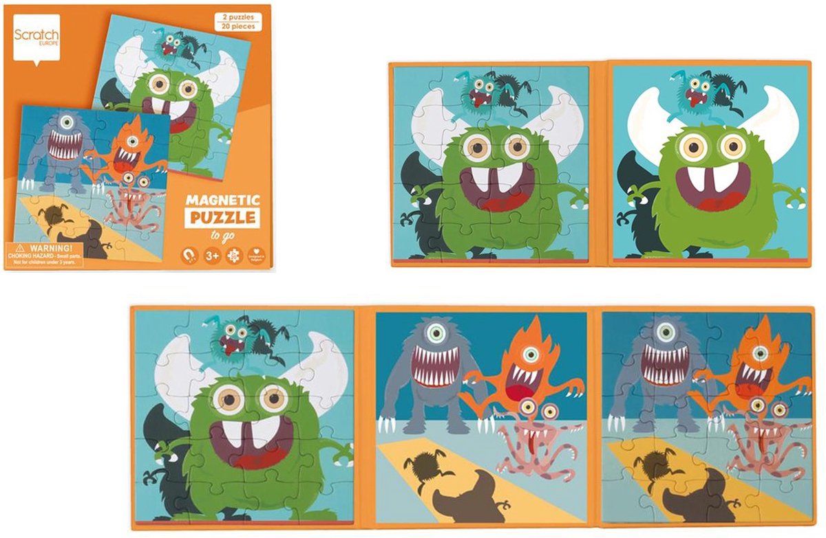 Scratch magnetisk puslespil bog to go - monster - 2 magnetiske puslespil af 20 brikker - 3+