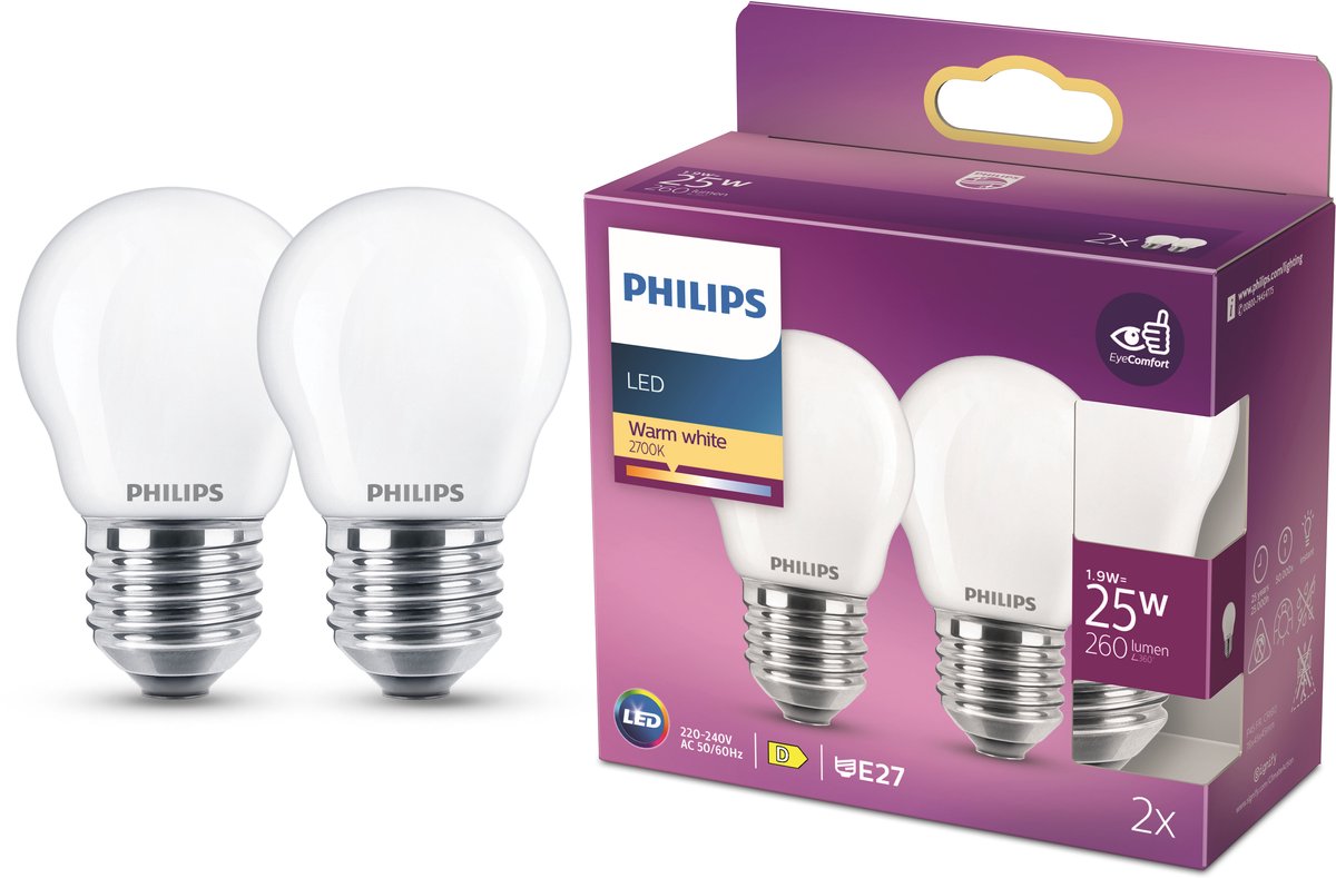 Philips led lamp - kogellamp met e27 fitting - warmwit licht: 2700k - 25w - mat glas - 2-pack