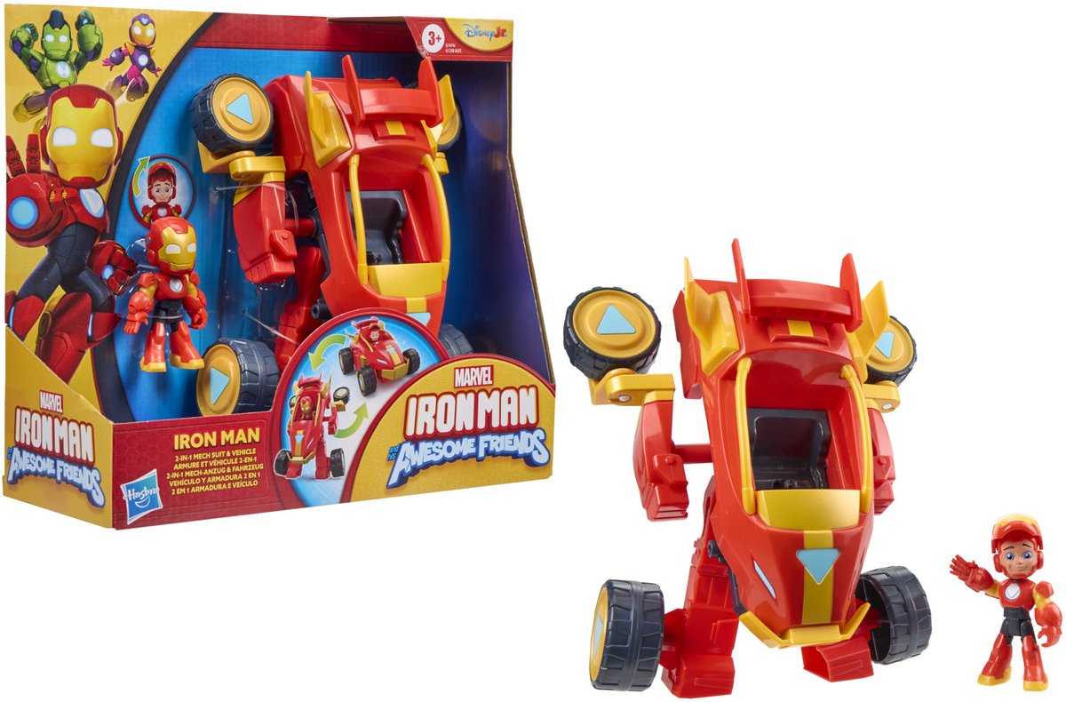 Hasbro Marvel Iron Man og hans fantastiske venner, 2-i-1 Mech-dragt og køretøj, actionfigur og legetøjskøretøj