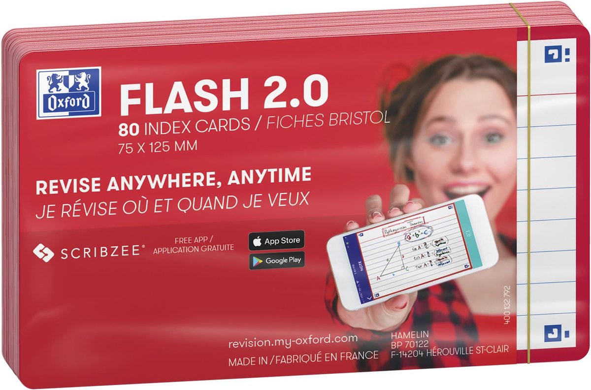 Oxford flash 2.0 - flashcards - lined - a7 - rød kant - 80 stk
