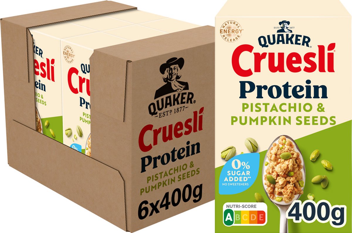 Quaker cruesli protein nul sukker tilsat pistacie græskarkerner 6 x 400 gr