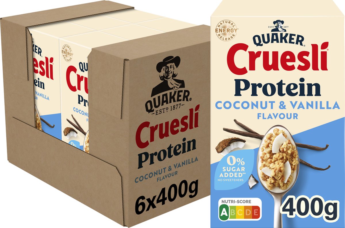 Quaker cruesli protein nul sukker tilsat kokos vanilje 6 x 400 gr