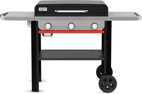 Weber skiferplancha - 71 cm bageplade - gasgrill - 3 brændere - sort - 2 robuste hjul - 2 sammenklappelige sideborde - 2 værktøjskroge - låg til beskyttelse - når op til 260 °c - porcelænsemalje bageplade med non-stick belægning