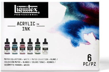 Liquitex 3699355 professionelt akryl blæksæt – dæmpet kollektion + titanium hvid 6×30ml – højpigmenteret, vandafvisende akryl blæk