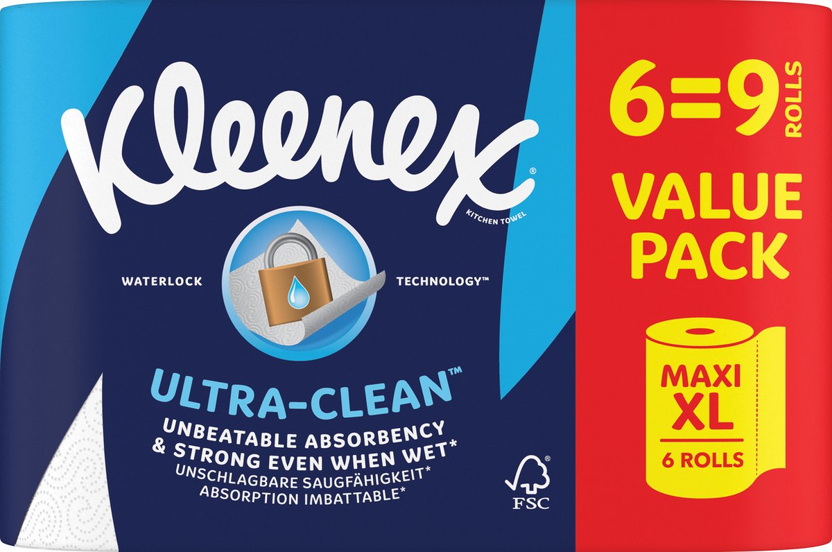 Kleenex køkkenpapir - køkkenrulle ultra clean - 6 maxi xl ruller - værdipakke