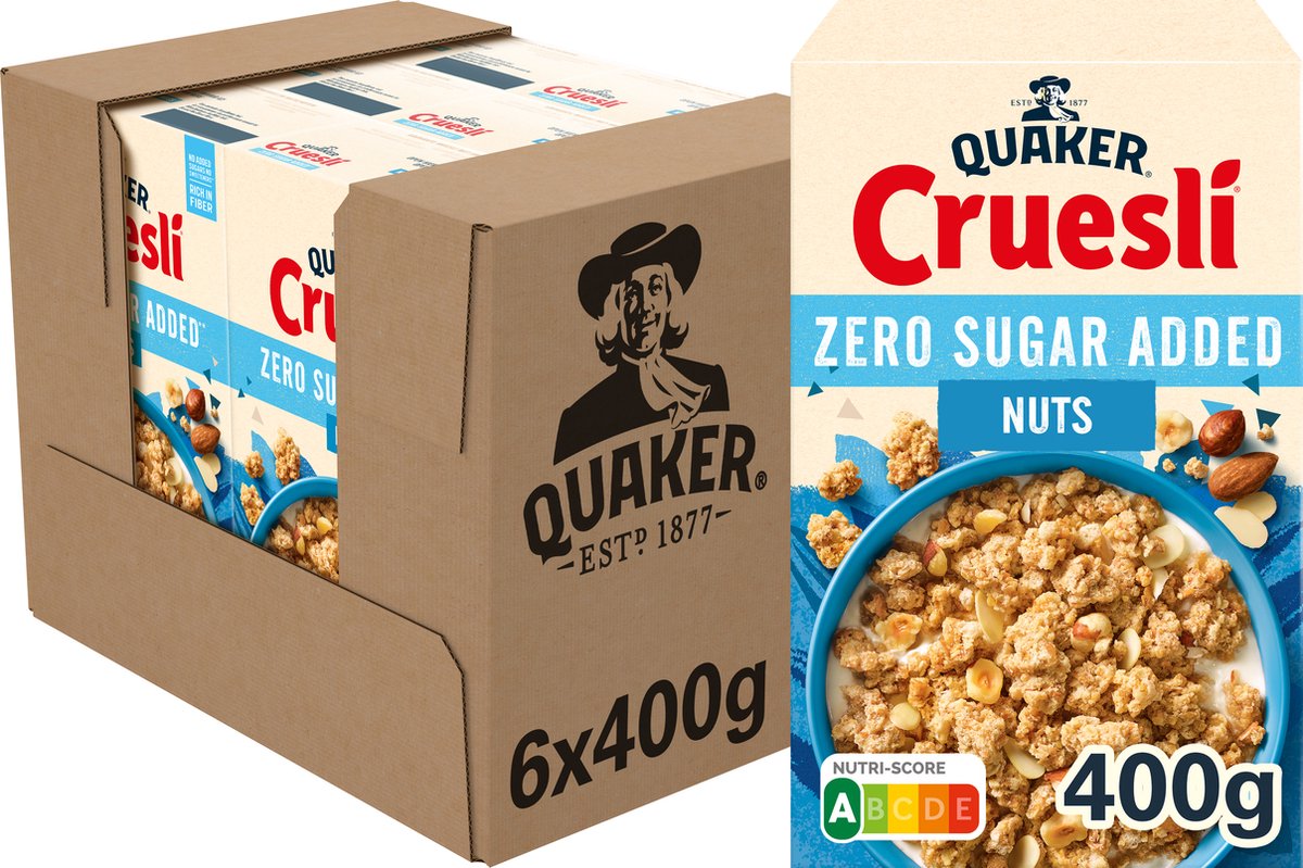 Quaker cruesli nul sukker tilsat nødder - morgenmadsprodukter - 6 x 400 gram
