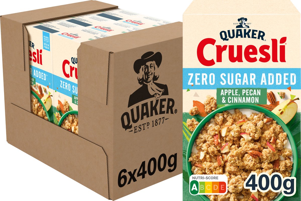 Quaker cruesli nul sukker tilsat æble, pecan kanel - morgenmadsprodukter - 6 x 400 gram