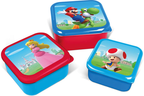 Stor Nintendos Super Mario 3-i-1 snackbokse - 3 størrelser - firkantede - luk tæt - madkasser til børn - løst låg - velegnet til småkager, frugt og snacks - blå rød
