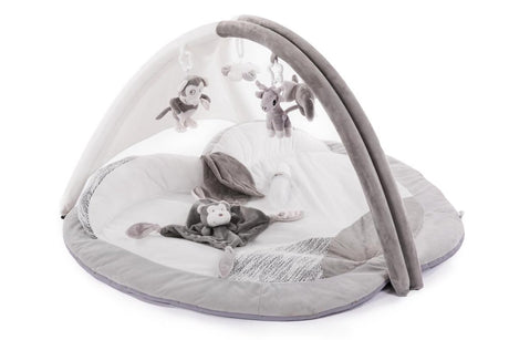 Bo jungle - babylegemåtte med legebue - foldbar med opbevaringstaske - babygym - blødt stof - 4 krammedyr - 90 x 60 cm - legegymnastik æblegrå - legetæppe