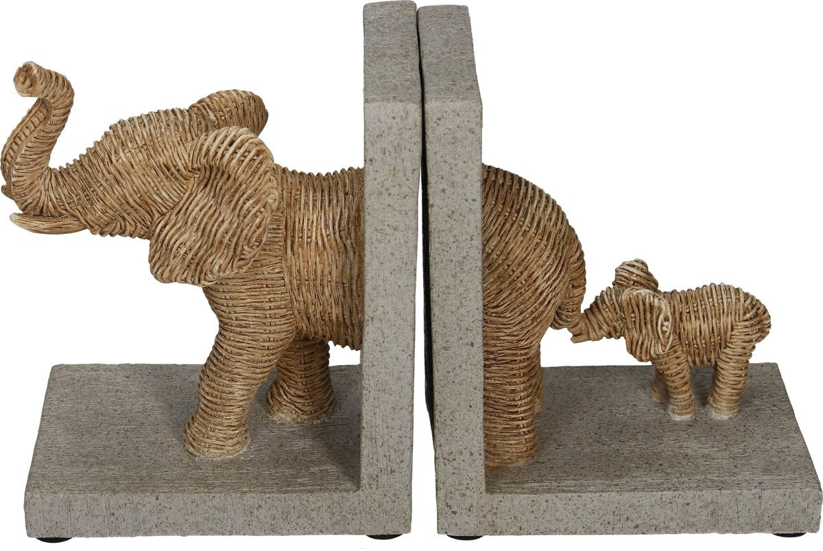 Hd boekensteun olifant met jong naturel rietlook 25,5 x 8,8 x 15,5 cm set van 2