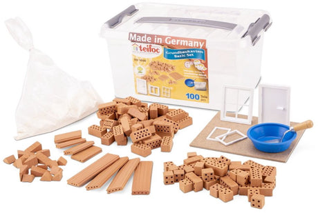 Teifoc ® byggeboks - basissæt - mere end 100 dele - ægte mini klodser med cement, skål og spartel - byggesæt til børn fra 6 år