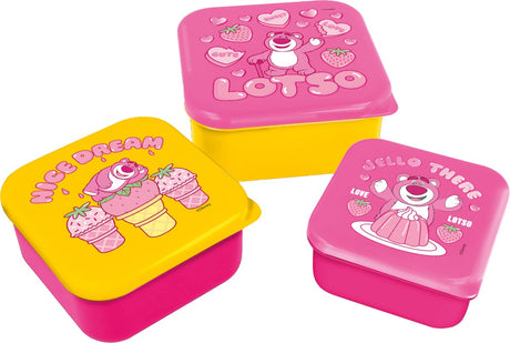 Stor Disney's toy y lotso 3-i-1 snackbokse - 3 størrelser - firkantet - tæt godt - madkasser til børn - løst låg - velegnet til småkager, frugt og snacks - pink gul