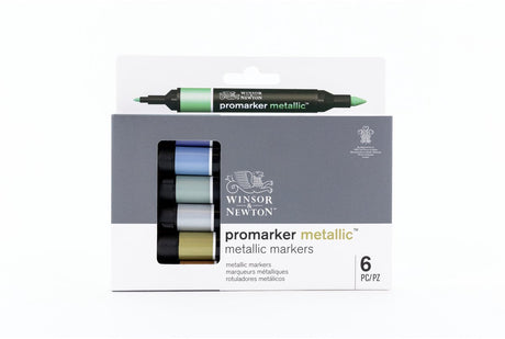 Winsor Newton 0290135 Pro Marker Metallic 6 sæt | vandbaserede metalliske tuscher med 2 punkter