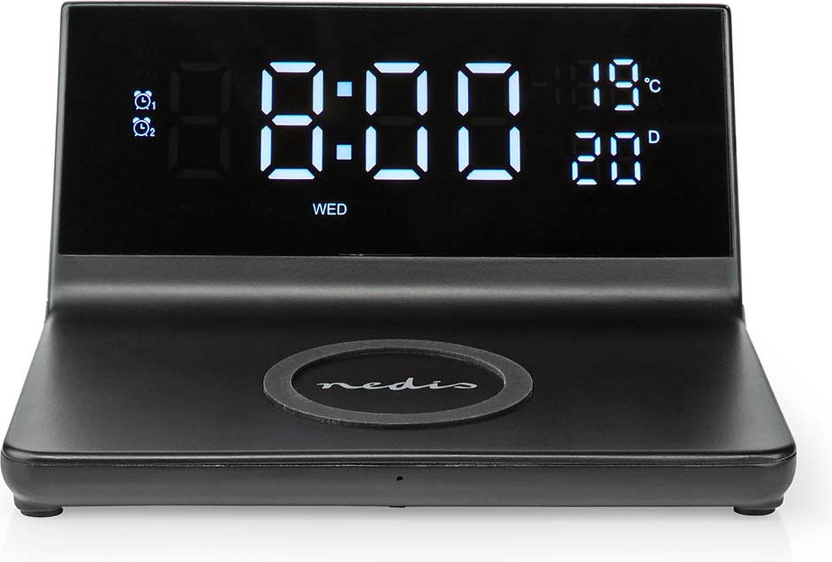 Nedis vækkeur med trådløs oplader - Qi certificeret - 5 7,5 10 15 W - USB-A han - 2 alarmtider - snooze funktion