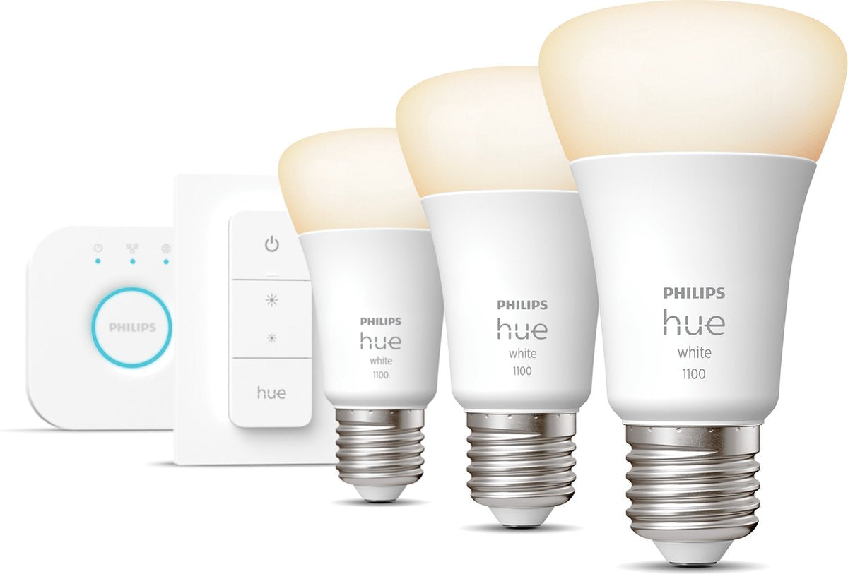 Philips hue starterkit - warmwit licht - 3 lampen - e27 - 1100lm - 1 dimmer switch
