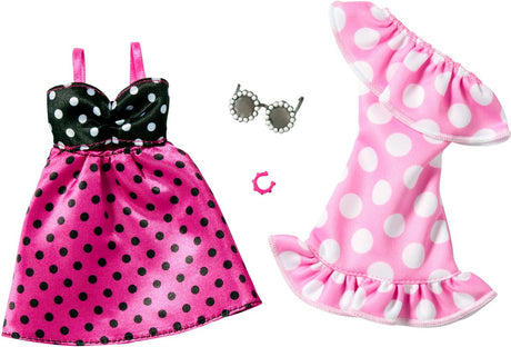 Mattel barbie 2-pak tøj outfit og tilbehør - 2 sommer prikkede kjoler, solbriller og armbånd