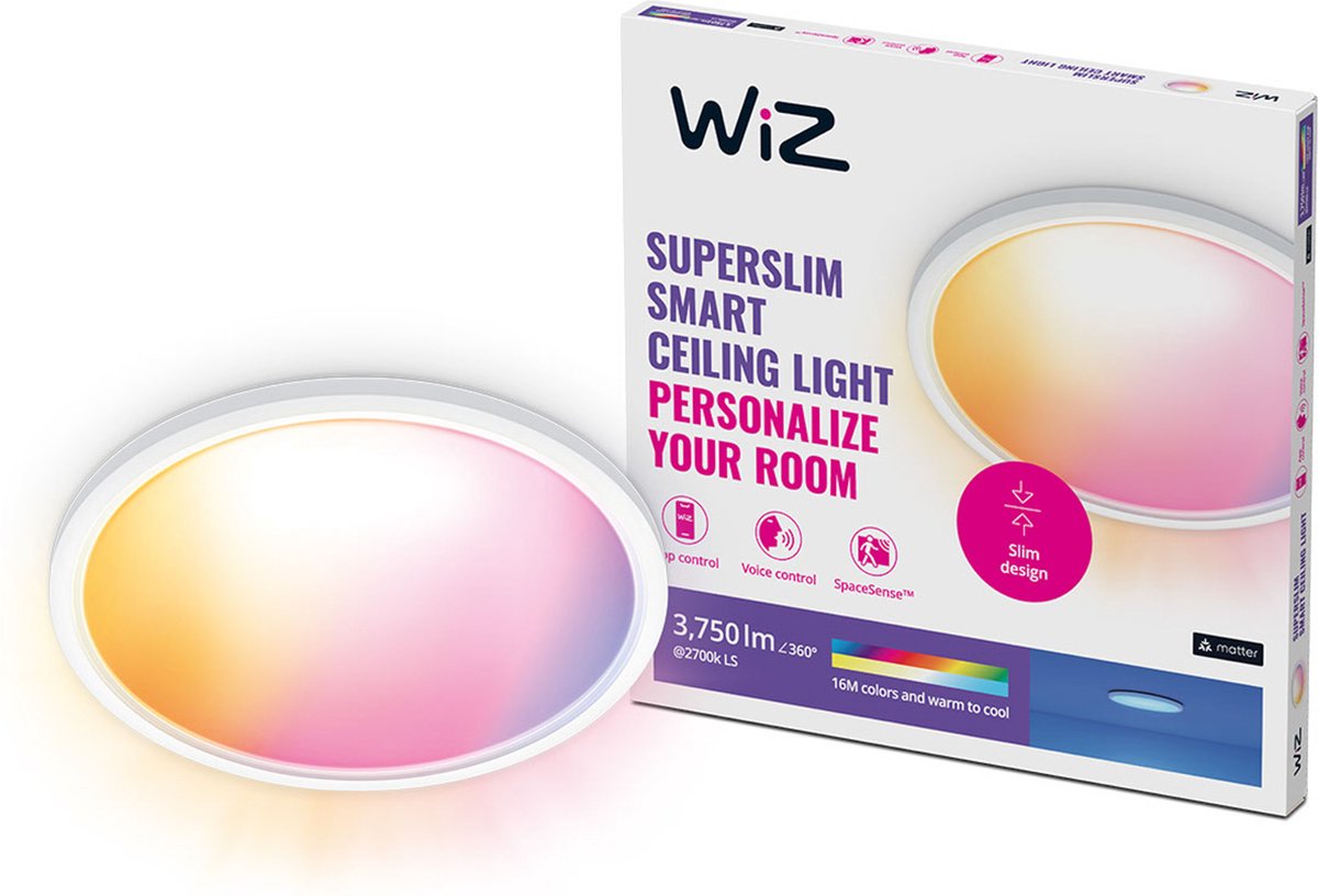 Wiz plafondlamp superslim - diameter: 56 cm - gekleurd en wit licht - slimme led verlichting - geïntegreerde led - 32w - wit - wi-fi