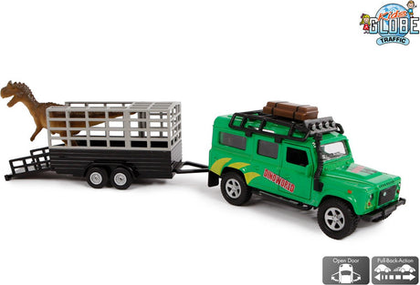 Børne globus trykstøbt landrover med dino trailer, 29 cm