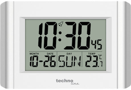 Technoline ws8002 – digitale wandklok – alarm – snooze – datumaanduiding – dagaanduiding – kalender – 12 24 – thermometer – wit - zilver – 215 × 150 × 28 mm