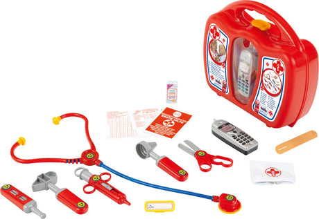 Klein legetøjslægetui med mobiltelefon - stetoskop, termometer, reflekshammer, sprøjte, pincet, ørespejl, saks, sygeplejerskehue, navneskilt, plaster - multifarvet