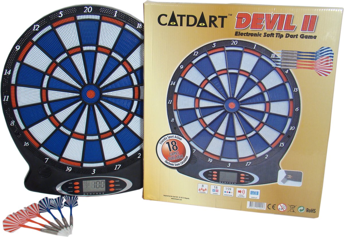 Bex Gamesson Devil II elektronisk dartskive - dartspil med blød spids med 18 spil og 159 variationer - LCD-skærm - til 1 til 8 spillere - inklusive dart