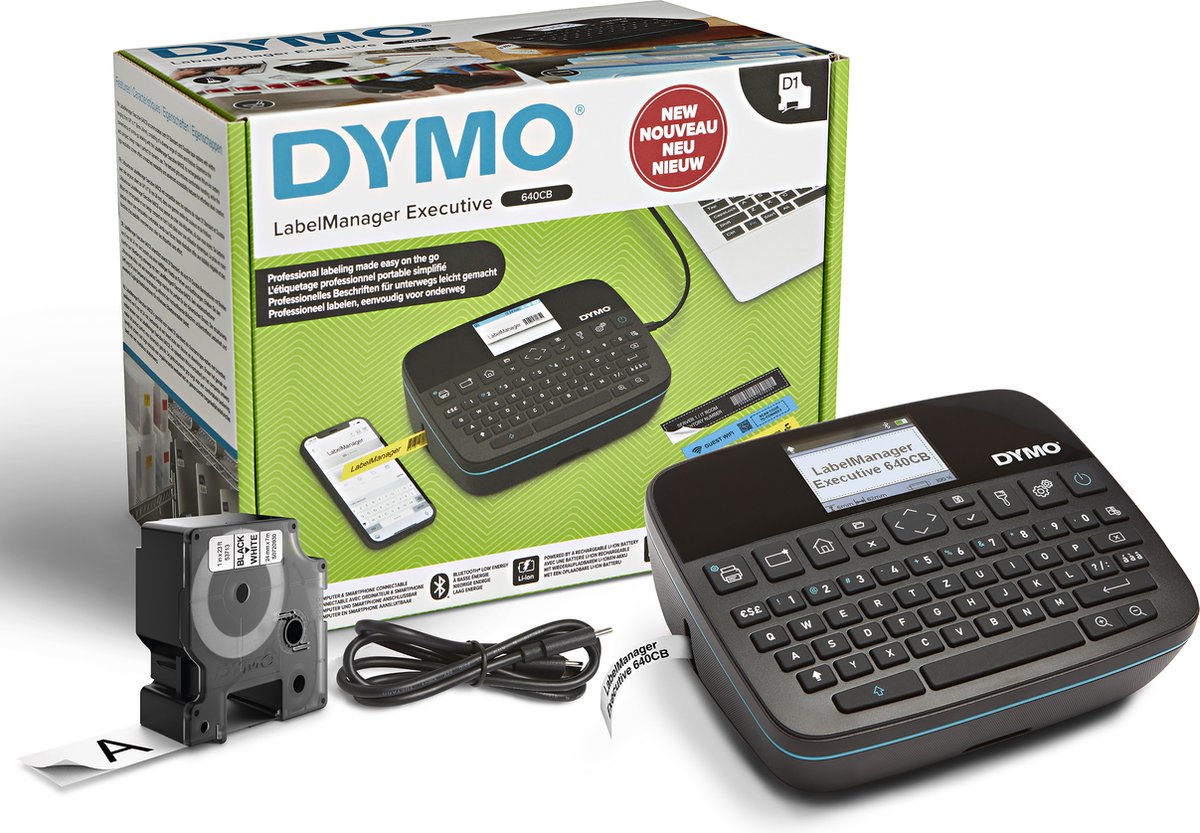 Dymo label manager executive 640 cb bærbar etiketprinter | kompakt etiketmaskine med qwertz-tastatur | Bluetooth og USB-forbindelse | Kompatibel med D1 standard og holdbare etiketter