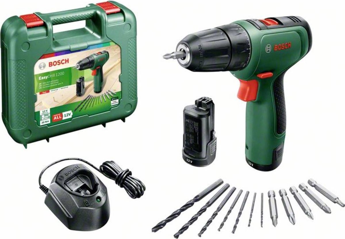 Bosch easydrill 1200 akku boremaskine - med dobbelt skruebit og kasse - med 2x 12 v batteri og oplader