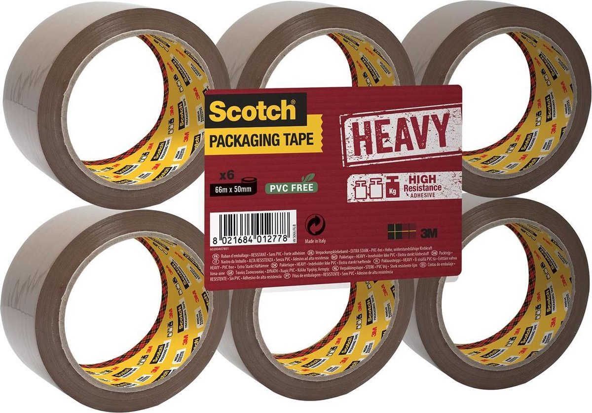 Scotch emballagetape, kraftig flad pakke 6 ruller, brun, 50 mm x 66 m, s. 237