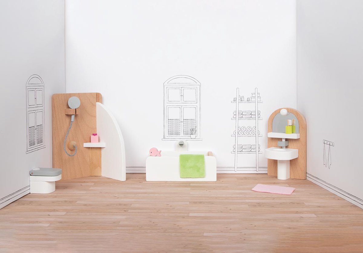 Goki dukkehusmøbler: designerbadeværelse, 10-delt, 11,2x6,2x6cm (bad), bøgetræ og stof, 3+