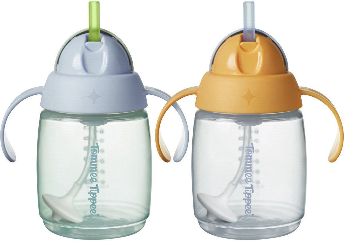 Tommee tippee halmkop - 2 stk - 240 ml - med håndtag og vægtet silikone sugerør - til småbørn fra 6m+ måneder - blå og orange