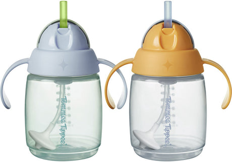 Tommee tippee halmkop - 2 stk - 240 ml - med håndtag og vægtet silikone sugerør - til småbørn fra 6m+ måneder - blå og orange
