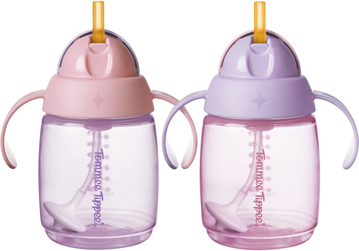 Tommee tippee halmkop - 2 stk - 240 ml - med håndtag og vægtet silikone sugerør - til småbørn fra 6m+ måneder - pink og lilla