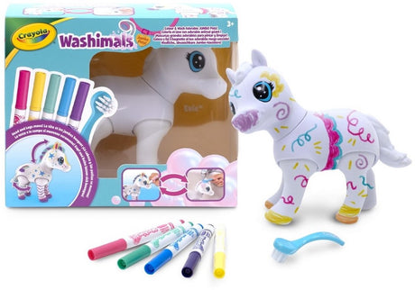 Crayola washimals jumbo – hobbypakket - groot paardje evie (15 cm) om te kleuren, wassen en opnieuw te kleuren, set met 5 uitwasbare stiften en borsteltje, 3+ jaar