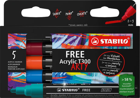 Stabilo free akryl - akryl markør - t300 urban sæt - rund spids 2-3 mm - etui med 5 farver